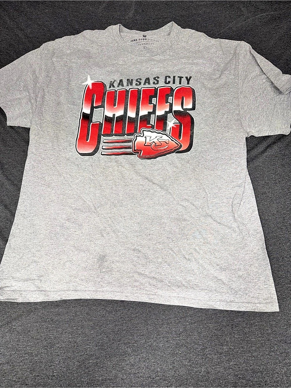 Junk Food Clothing Kansas City Chiefs T-Shirt Graphic Tee Gray & Red Large